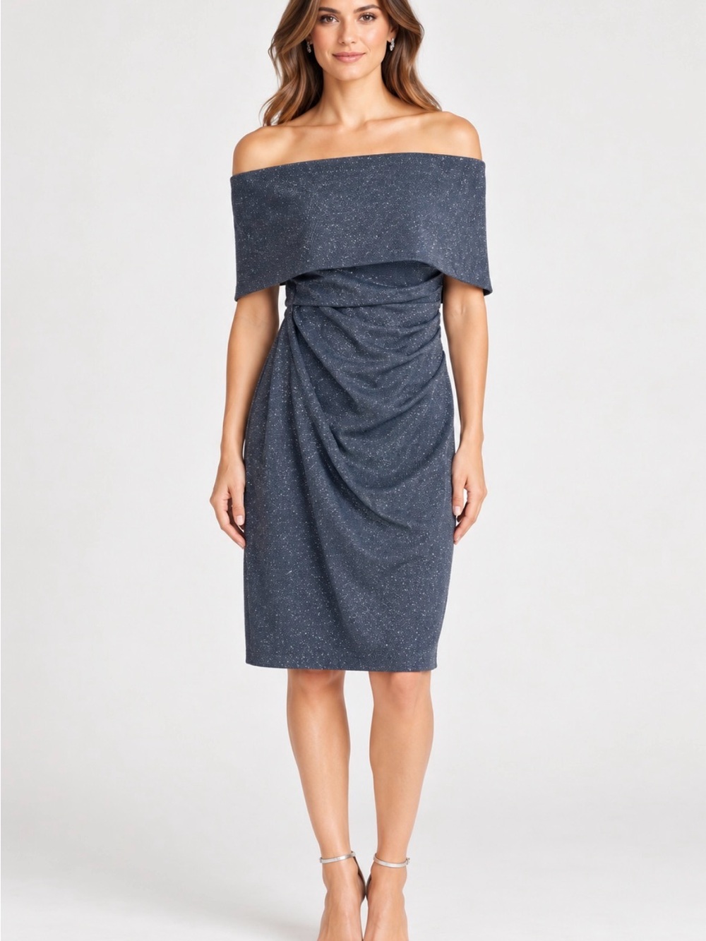 Vince Camuto Sparkle Off-Shoulder Sparkle Blue Gray Sheath Dress